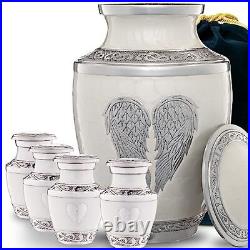 Large White Urn Angel Wings with 4 Small Keepsakes