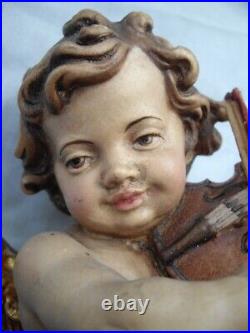 Large Wood Carved Angel Putto Cherub Religious Winged Santos Playing Violin ANRI