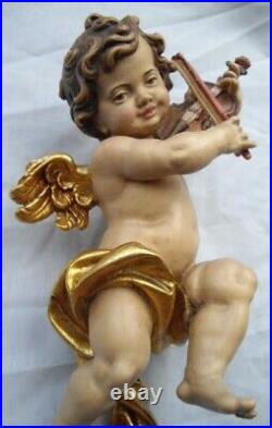 Large Wood Carved Angel Putto Cherub Religious Winged Santos Playing Violin ANRI