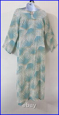 Le Sirenuse Womens Dress Kaftan Silk 3/4 Sleeve Floral Beige Teal Sz EU 48 US 12