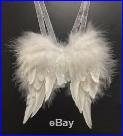 Lot of 14 Large Glittery Natural White Feather Angel Wings Christmas Ornaments