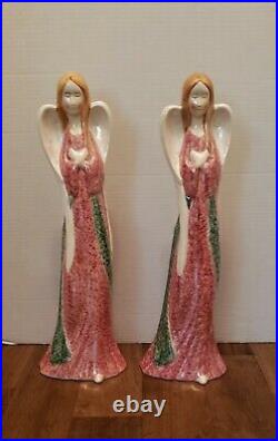 Lot of 2 Porcelain Angel Statues With Wings Arms Folded Long Hair High Gloss