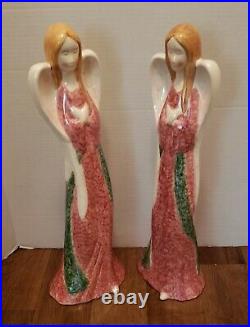 Lot of 2 Porcelain Angel Statues With Wings Arms Folded Long Hair High Gloss
