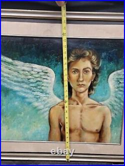 MID CENTURY GABRIEL ANGEL PAINTING 1970s ORIGINAL ON BOARD 38×27 WINGED ANGEL