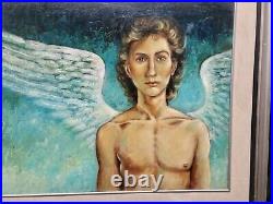 MID CENTURY GABRIEL ANGEL PAINTING 1970s ORIGINAL ON BOARD 38×27 WINGED ANGEL