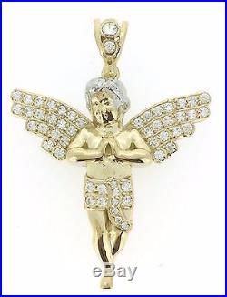 Men 10k Yellow Gold Bling Large Angel Wing Charm Cubic Zirconia