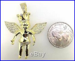 Men 925 Sterling Silver Bling Large Angel Wing Gold Charm Pendant Yellow Gold