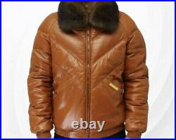 Men's Bubble V Bomber Sheepskin Leather Jacket With Removable Fur Collar