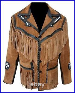 Men's Traditional Native Cowboy Western Suede Leather Jacket Fringe Bone & Beads