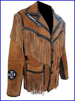 Men's Traditional Native Cowboy Western Suede Leather Jacket Fringe Bone & Beads