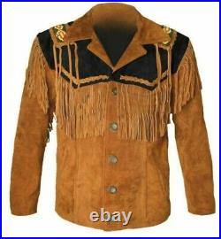 Men's Traditional Native Cowboy Western Top Suede Leather Jacket Fringe & Beads