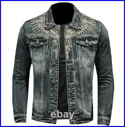 Men's Wing Embroidery Blue Denim Jean Jacket Button Basic Coat Punk Fashion New