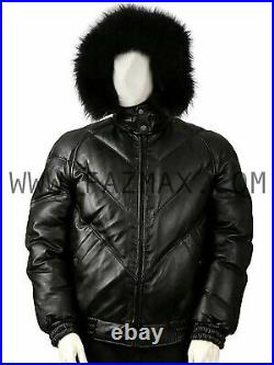 Mens Bubble V Bomber Sheepskin Soft Leather Jacket With Fox Genuine Fur Collar