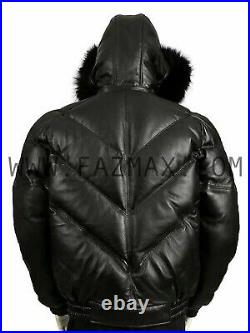 Mens Bubble V Bomber Sheepskin Soft Leather Jacket With Fox Genuine Fur Collar