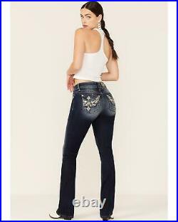 Miss Me Women's Dark Wash Angel Wing And Animal Print Leather Pocket Bootcut