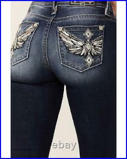 Miss Me Women's Dark Wash Angel Wing And Animal Print Leather Pocket Bootcut