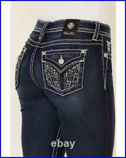 Miss Me Women's Silver Glistening Angel Wing Bootcut Jeans Blue 29W x 34L
