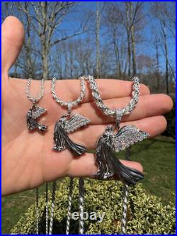 Moissanite Guardian Angel Wing Pendant Real 925 Silver Iced Necklace Mens Ladies
