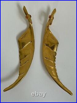 NIB Saint Laurent YSL Gold Wing Feather Plume Large Statement Clip Earrings $895