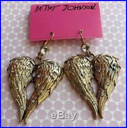 NWT Betsey Johnson Vinatge Fly With Me Large Gold Angel Wing Crystal Earrings