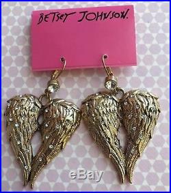 NWT Betsey Johnson Vinatge Fly With Me Large Gold Angel Wing Crystal Earrings