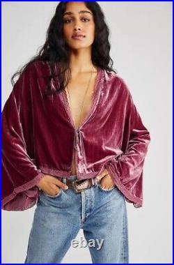 NWT Free People Velvet Bed Jacket Size Large Smokey Wings Pink Lace Trim Kimono