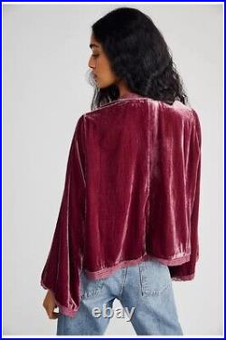 NWT Free People Velvet Bed Jacket Size Large Smokey Wings Pink Lace Trim Kimono