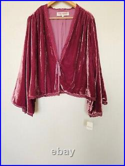 NWT Free People Velvet Bed Jacket Size Large Smokey Wings Pink Lace Trim Kimono