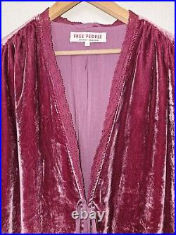 NWT Free People Velvet Bed Jacket Size Large Smokey Wings Pink Lace Trim Kimono