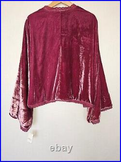 NWT Free People Velvet Bed Jacket Size Large Smokey Wings Pink Lace Trim Kimono