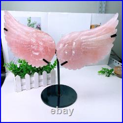 Natural Large Size Crystal Rose Quartz Angel Wings Carving Stone Decor+STAND