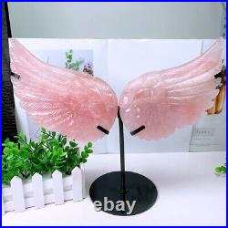 Natural Large Size Crystal Rose Quartz Angel Wings Carving Stone Decor+STAND