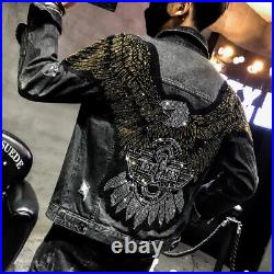 New Men Luxury Diamond Rhinestones Eagle Fashion Black Jeans Jacket High Quality