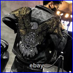 New Men Luxury Diamond Rhinestones Eagle Fashion Black Jeans Jacket High Quality