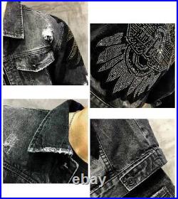 New Men Luxury Diamond Rhinestones Eagle Fashion Black Jeans Jacket High Quality