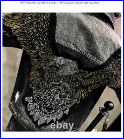 New Men Luxury Diamond Rhinestones Eagle Fashion Black Jeans Jacket High Quality