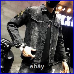 New Men Luxury Diamond Rhinestones Eagle Fashion Black Jeans Jacket High Quality