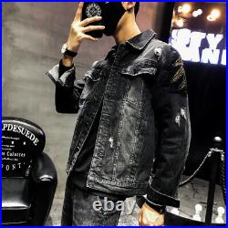 New Men Luxury Diamond Rhinestones Eagle Fashion Black Jeans Jacket High Quality