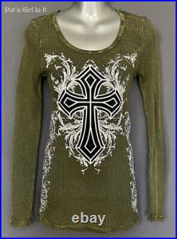 New VOCAL Womens CRYSTAL MINERAL OLIVE BLACK CROSS LONG SLEEVE SHIRT S M L XL