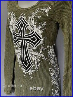 New VOCAL Womens CRYSTAL MINERAL OLIVE BLACK CROSS LONG SLEEVE SHIRT S M L XL