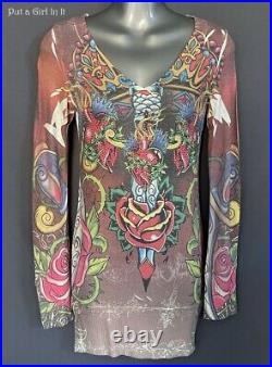 New VOCAL Womens CRYSTAL SUBLIMATION OLD SCHOOL TATTOO SHIRT SWEATER S M L XL