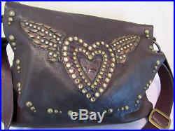 Nwt$795.00 Leatherock Brown Leather Studded Hearts Angels Wings Large Bag
