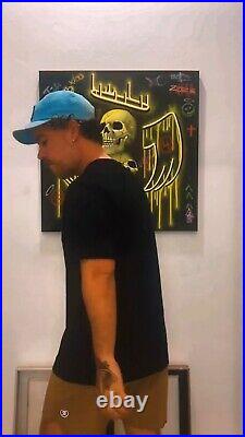 Original 30x30 Skull And Angel Wings Painting-Vibrant Yellow Neon Colors-Unique