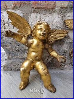 Pair 18th Antique LARGE Italian Carved Giltwood Putti Angels with Wings