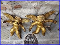 Pair 18th Antique LARGE Italian Carved Giltwood Putti Angels with Wings