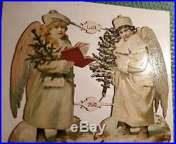 Pair Large 9 Antique Embossed German Die Cuts Snow Angels Pink Blue Wings Mica