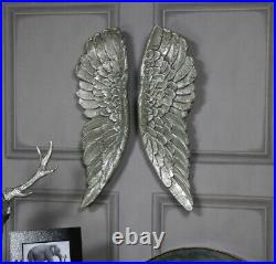 Pair Of Large Silver Antique Angel Wings Wall Art Plaques Decor