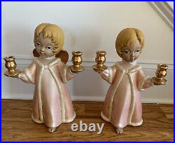 Pair Of Vintage Chalkware Standing Angel Figure Candlesticks Wings Large 13.5
