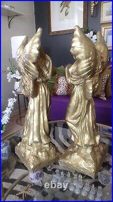 Pair of Angel Statues Playing Instrument 20 Tall