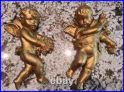 Pair of Chalkware Winged Putti Gorgeous Gold Gilt Plaster Wall Hanging